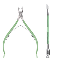 Jestilo Cuticle Remover Tool Set with Cuticle Cutter and Cuticle Pusher - Stainless Steel Professional Cuticle Nipper and Pusher Nail Care Tools for Salon and Level Mani-Pedi at Home - Silver (Green)