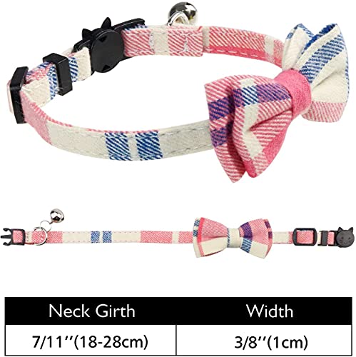 Cat Collar with Bell and Bow Tie, Quick Release Safety Buckle Collars for Kitten and Cats, Soft Tartan Design (Pink)