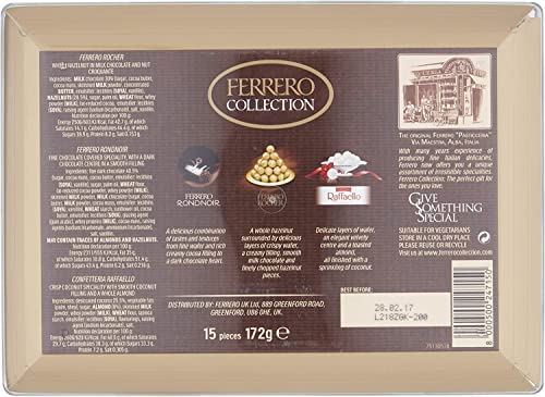 Ferrero Collection Pralines, Chocolate Gift Hamper, Treat Box, Mothers Day Gifts, Assorted Rocher, Coconut Raffaello and Dark Chocolate Rondnoir, Box of 15 (172g)