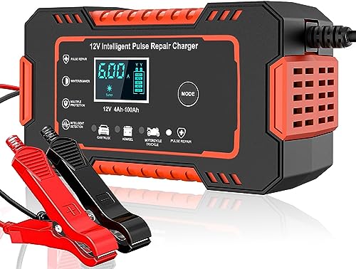 12V/6Amp Car Battery Charger, Smart Fully Automatic Battery Charger with Temperature Compensation for Most Types of Lead Acid Batteries, Red, AC Connection Required