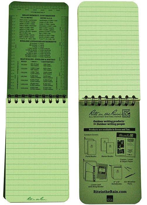 Rite in the Rain Waterproof Paper Universal Pocket Top Wire Bound Spiral Notebook Green 100 Pages 50 Sheets Imperial & Metric Ruler 3 x 5 Inch