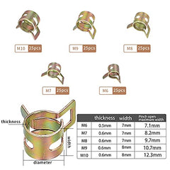 125 Pcs Spring Hose Clamps, Metal Fuel Line Hose Clamps Clips, Fuel Line Water Pipe Air Drain Tube Silicone Vacuum Hose Clamp Fastener Spring Clamps Clips - 6 mm/7 mm/8 mm/9 mm/10 mm