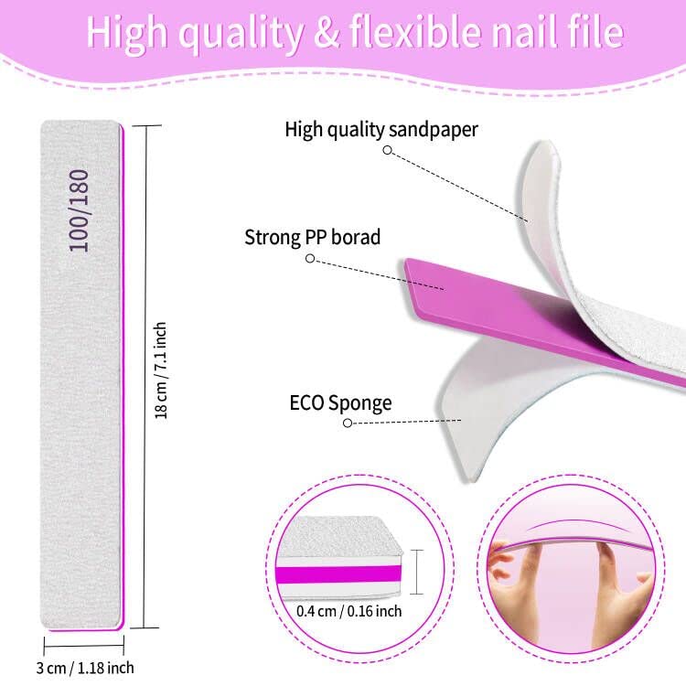 Nail File 100/180 Grit Professional Reusable 12 PCS Double Sides Washable Nail Files for Acrylic and Natural Nails Manicure Tools Suit for Home Salon