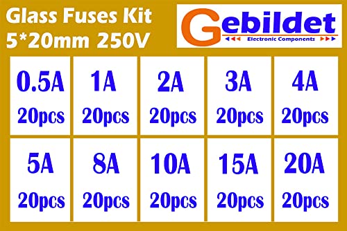 Gebildet 200 pcs 5x20mm Fast-Blow Glass Tube Fuse, Quick Blow Car Glass Tube Fuses Assorted Kit (AMP 0.5A 1A 2A 3A 4A 5A 8A 10A 15A 20A each 20pcs)