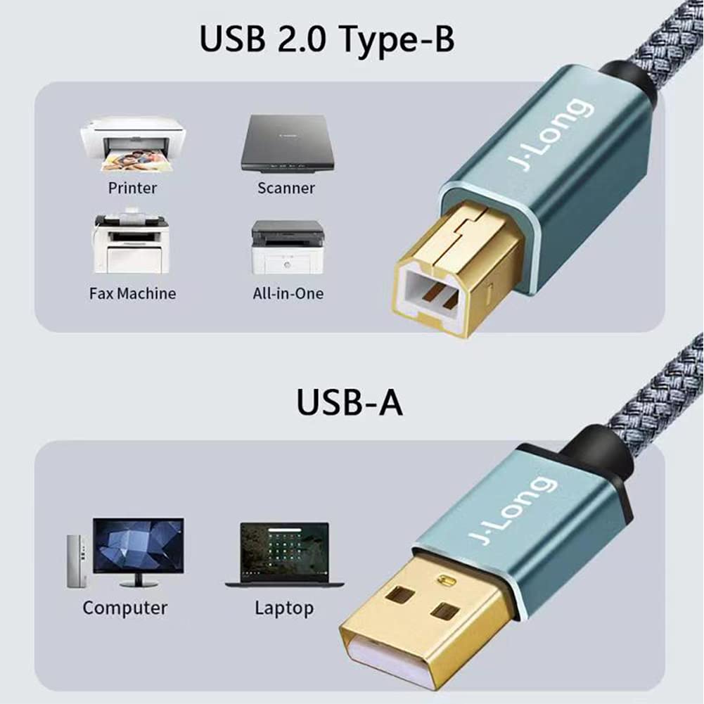 Printer Cable 50CM,J•LONG USB Nylon Braided Printer Cable USB 2.0 Type A Male to B Male Scanner Cord High Speed for Brother, HP, Canon, Lexmark,Dell, Xerox, Samsung etc (0.5m)