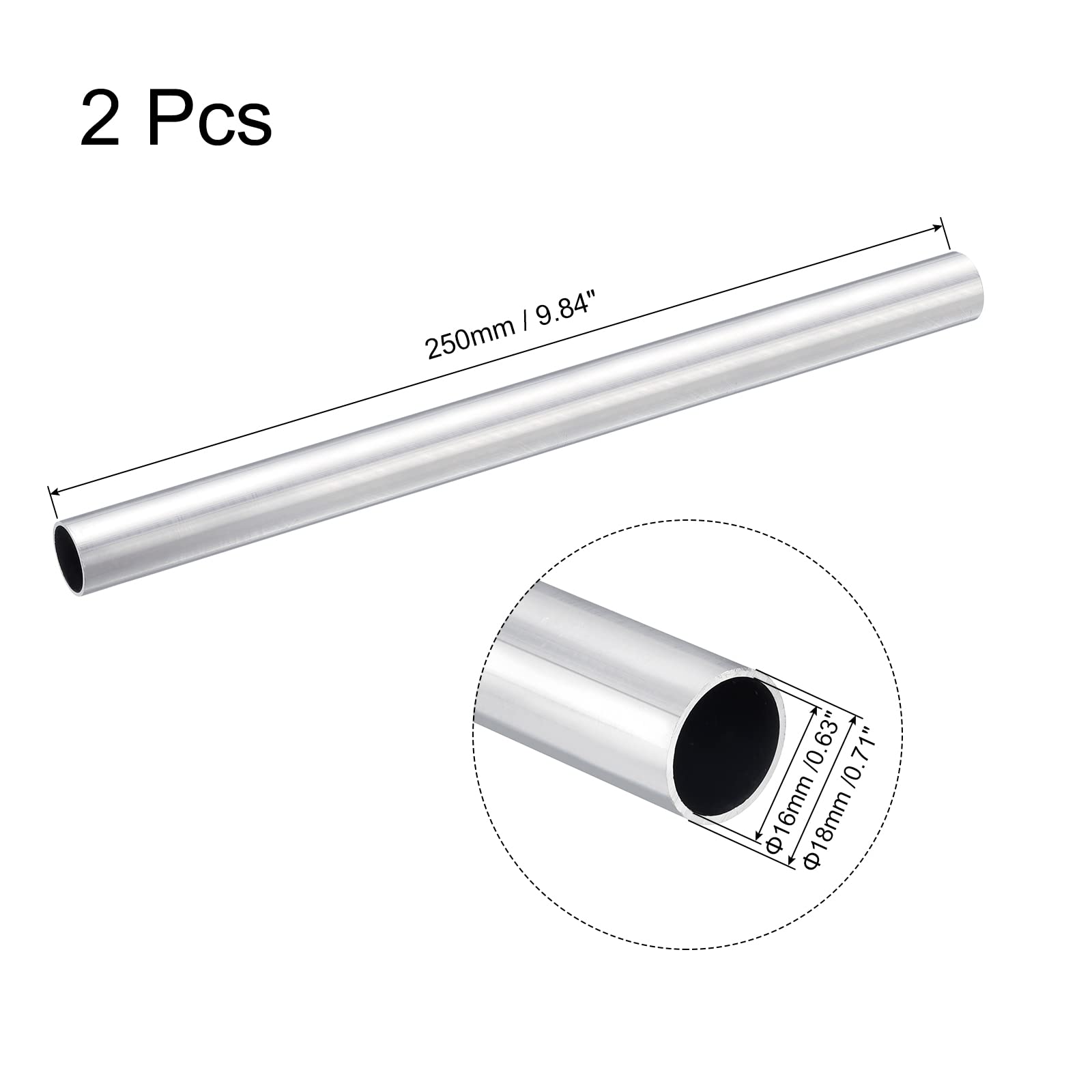 sourcing map 6063 Aluminum Round Tube 18mm OD 16mm Inner Dia 250mm Length Pipe Tubing 2 Pcs