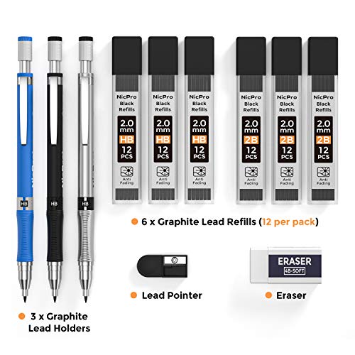 Nicpro 2mm Mechanical Pencil Set, 3 PCS Artist Propelling Drafting Clutch Pencil 2.0 mm for Art Drawing Writing Sketching with 6 Tube HB & 2B Refill, Eraser, Sharpener, Propelling Lead Holder