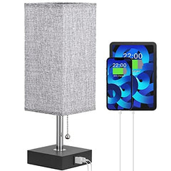 Aooshine Bedside Table Lamp, USB Bedside Lamps, Table Lamps for Bedroom with USB C and USB A Charging Ports, Bedroom Lamp with Grey Square Fabric Shade & Bedside Lamp (Bulb Not Included)