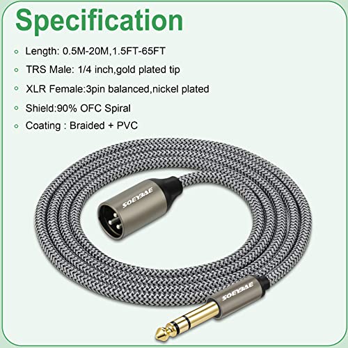 SOEYBAE 6.35mm (1/4 Inch) TRS Male to XLR Male 3M/10FT,Nylon Braid Balanced Interconnect Cord Patch Cable，for microphones, mixers, power amps