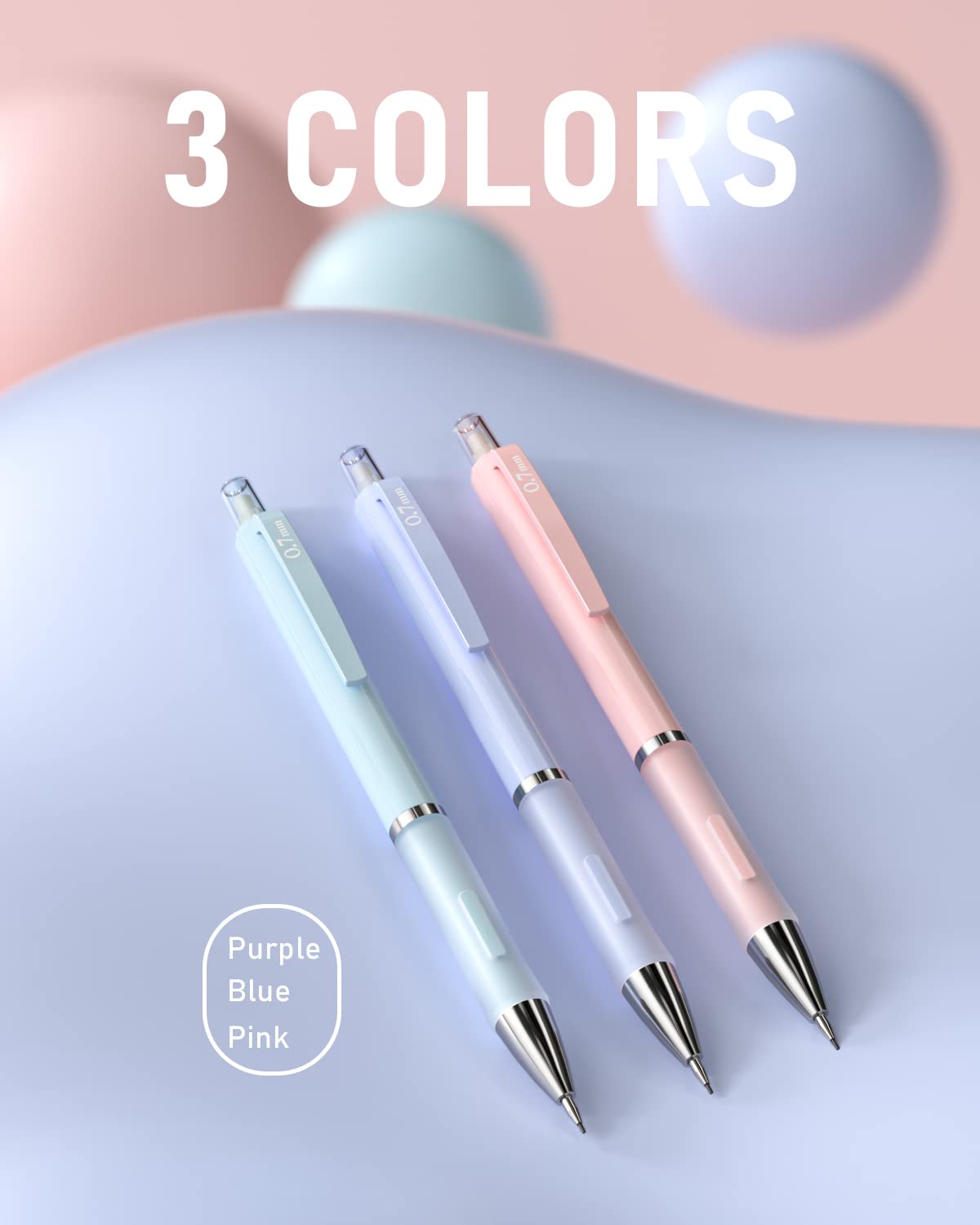 Nicpro 3PCS Pastel Mechanical Pencil Set, 0.7 mm Clutch Propelling Cute Pencil with 6 Tubes HB Lead Refills, 3PCS Eraser & 9PCS Eraser Refill for Student Writing, Drafting, Sketching -Come with Case