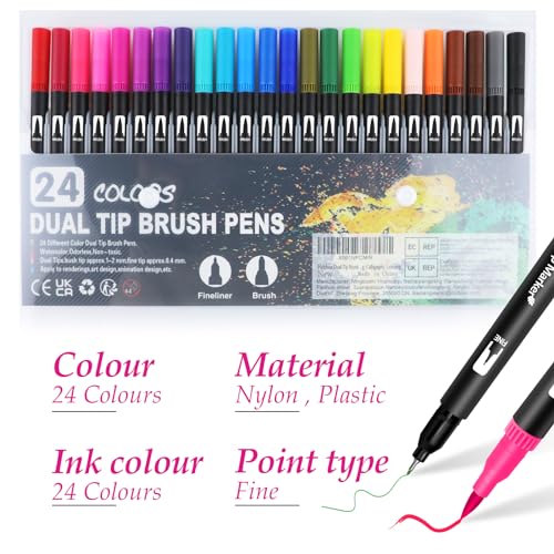 Halobios Dual Tip Brush Pens, Art Supplies Colouring Pens Set for Kids Colouring Books, 24 Colours Felt Tip Pens Art Markers for Design, Drawing, Painting, Sketching, Calligraphy, Lettering