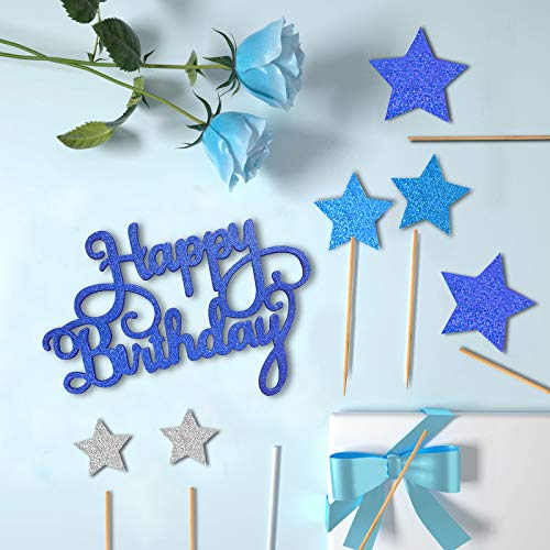 VAINECHAY Birthday Cake Decorations Happy Birthday Cake Toppers for Boy Men Girl Women Kids Blue Star Cupcake Decoration Baby Shower Party Silver