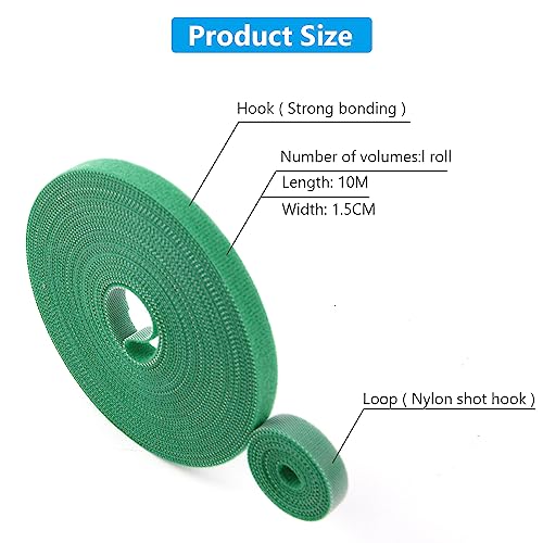 URAQT Green Garden Plants Tie, 10M Plant Ties Tape Self Adhesive Tape Hook Loop Garden Strips, 15mm Adjustable Tree Ties Plant Stake Cane Supports Wrap Tape for Gardening Sticky Strip Cable Organiser