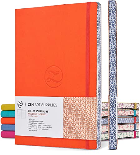 Large B5 Dotted Notebook - Enjoy Bullet Journaling with a Soft Cover 7x10-inch, Non-Bleed Thick 120gsm Paper, Dotted Journal in Orange Color, Japanese Edge Motif - Faux Leather Dot Journal - ZenART