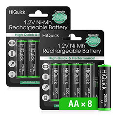 HiQuick 8 x AA Rechargeable batteries 2800 mAh NI-MH High Capacity AA Rechargeable Batteries, Pack of 8