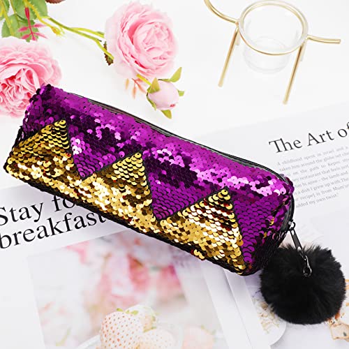 PHOGARY Sequin Preppy Pencil Case for Girls, Secondary School Pencil Bags with Fluffy Zipper, Pencil Pouch Holographic Pen Case Organizer for Students, Women Glitter Makeup Pouch (Purple, Gold)