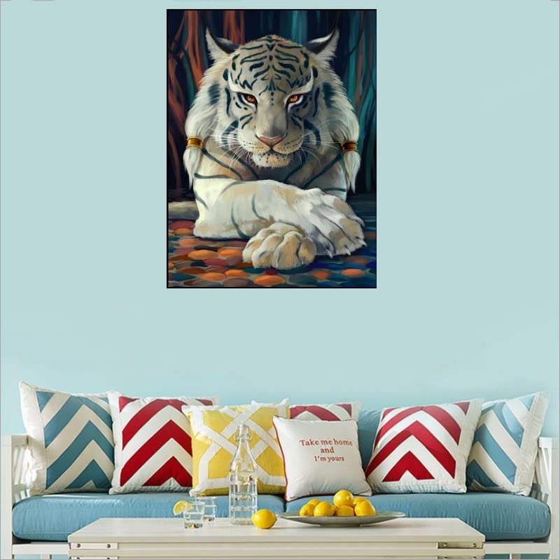 5D DIY Diamond Art Painting Kit Full Drill, Diamond Crystal Rhinestone Arts and Crafts Cross Stitch Embroidery Pictures Paintings by Numbers for Adults Kids Home Wall Decoration - White Tiger