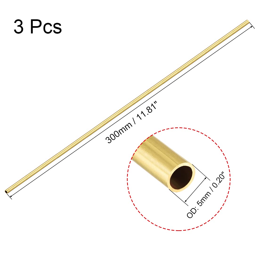 sourcing map Brass Round Tube, 300mm Length 5mm OD 0.5mm Wall Thickness, Seamless Straight Pipe Tubing 3 Pcs