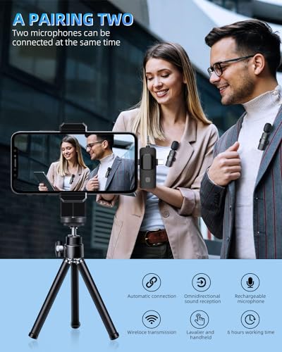 Wireless Microphones, Wireless Lavalier Microphone for iPhone/iOS/Android/PC/Laptop, Plug-Play Bluetooth Microphone, 3 Level Noise Reduction Auto Sync for Recording, Live Streaming, TikTok, YouTube