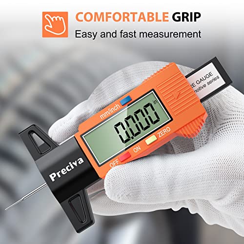 Tyre Tread Depth Gauge, Preciva 0-25.4mm/Inch Digital Tyre Tread Depth Checker, Tire Tread Depth Gauge UK, Tyre Depth Measuring Tool with Large LCD Screen for Cars, Trucks, Motos, Orange