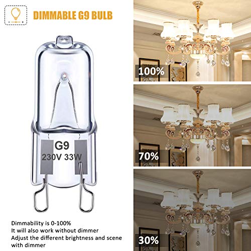 Ugvmn G9 Halogen Light Bulbs 33W, G9 Clear Capsule Bulb Warm White 2700K, G9 Oven Bulb No Strobe, G9 Bi-Pin Base No Flicker, AC 220-240V, Dimmable, 10 Pack