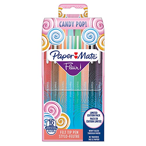 Paper Mate Flair Felt Tip Pens   Medium Point (0.7mm)   Candy POP & Assorted Colours   16 Count