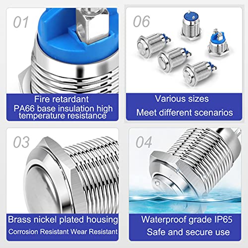 Gebildet 2pcs 22mm 12V/24V/125V/250V/2A Momentary Push Button Screw Type Terminals Stainless Steel Metal Waterproof Button with 2 Screw Terminals Stainless Steel(Flat Head)