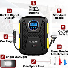 FORTEM Tyre Inflator Air Compressor, Car Tyre Pump, Car Tyre Inflator 12v, Electric Car Pump For Tyres w/LED Light, Digital Tyre Inflator for Bikes, Auto Pump/Shut Off, Carrying Case (Yellow)