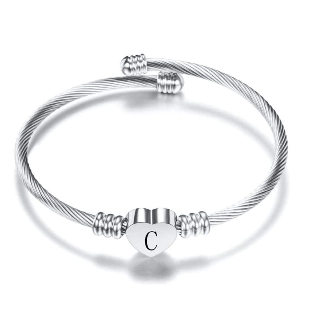 FGT Initial C Letter Cuff Bracelet Silver Heart Bangle Gift Daughter Women Girls Granddaughter Birthday Mothers Day Valentine