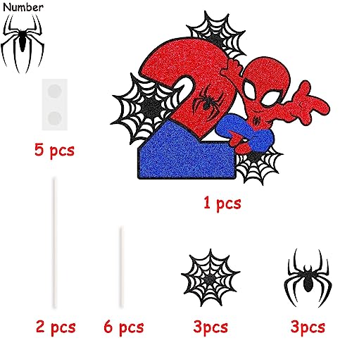 ZHIHUI 7 Pcs Cake Toppers, Personalised 2nd Birthday Cake Topper，Superhero Spiderman Happy Birthday Cake Toppers, Double Sided Glitter Cupcake Topper Birthday Party Decorations for Boys Children Kids