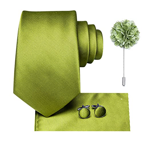 Hi-Tie Yellow Green Formal Solid Ties Lapel Pin Set Silk Woven Necktie Pocket Square Cufflinks Novelty Dress Tie Prom