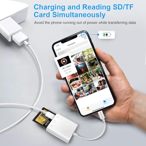 Omivine 3-IN-1 SD Card Reader for iPhone, SD&TF Dual Slots Memory card reader for iPad, MicroSD Camera Card Adapter with Charging for Trail Game Camera, Drone, etc. Charging&Reading Simultaneously