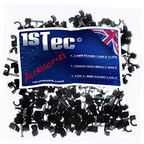 1STec 100 x 3.5mm Small Round Black Cable Clips for Indoor/Outdoor use on Plaster Wood or Masonry Hardened Nails to Tack Telephone Cable Low Voltage Lights USB Leads Speaker & Door Bell Wire