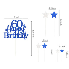 Glittery 60th Cake Topper with Star men women 60 Birthday Party Supplies, Sixty Years Old Birthday Party Decorations Royal Blue