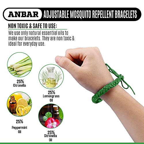 Anbar Leather Mosquito Repellent Bracelets for Adults and Kids, 12 Pack, Deet Free, All-Natural Anti-Mosquito, Tick, and Insect Essential Oils, 300-Hour Waterproof Outdoor Protection (Solid)