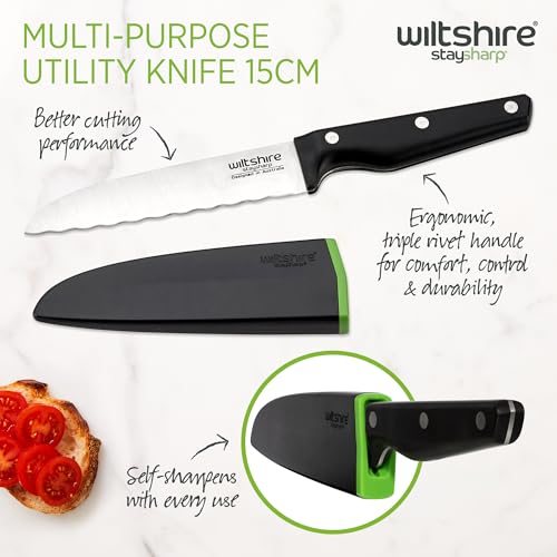 Wiltshire Staysharp Triple Rivet Multi-Purpose Utility Knife 15cm 6, Built-in Sharpener, Keep Your Knife Sharp at All Times, Slim Design Scabbard, Ergonomic Triple Rivet Handle, 10 Year Guarantee