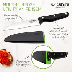 Wiltshire Staysharp Triple Rivet Multi-Purpose Utility Knife 15cm 6, Built-in Sharpener, Keep Your Knife Sharp at All Times, Slim Design Scabbard, Ergonomic Triple Rivet Handle, 10 Year Guarantee