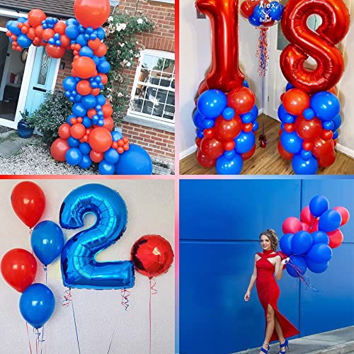Red Blue Balloons with Ribbon Round Shape Latex Party Balloons for Superhero Theme Birthday Decorations Independence Day Graduation Festival Carnival Party Supplies
