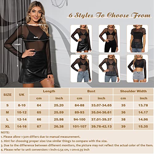 Tuopuda Women Long Sleeves Sheer Mesh Tops Black Stretchy Sheer T Shirts See Through Slim Fit Mesh Crew Neck Blouse(A,XL)