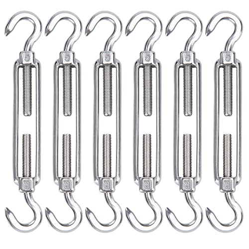 Turnbuckle Wire Tensioner M5 Stainless Steel 6pcs Hook and Eye Rope Cable Turnbuckle Strainer, Heavy Duty C to O Adjustable Garden Rope Tension Set for Sun Shade, Tent, Climbing Plants Fence