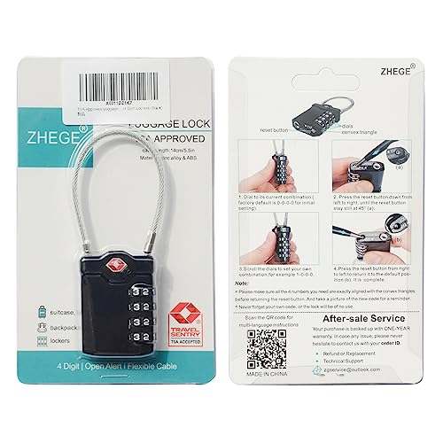 ZHEGE Luggage Padlocks TSA Approved, Suitcase Lock with Open Alert Indicator and Flexible Cable [Newest Version], 4-Digit Combination Padlock for Gym Locker, Briefcase, Backpack, Laptop Bag (Black)