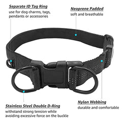 Beshine Adjustable Dog Collar, Reflective Nylon Neoprene with Separate ID Ring and Double D Ring, Durable and Comfortable Puppy Collar for Large Dogs(L, Black)