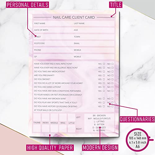 Nail Care Client Cards A6 Size - Salon and Therapist Customer Consultation Record - Treatment Services Essentials - Profile and Recording Forms - Beauty Stationery - 105x148mm - Pack of 100