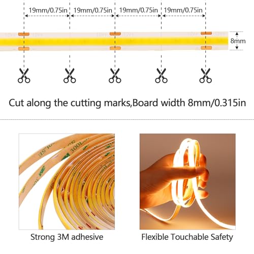 GOMING DC 12V COB LED Strip Light Warm White 3000K IP65 Waterproof 16.4ft(5M) 1560LEDs CRI 93and Uniform Glow Flexible LED Tape Lights for DIY Bedroom Kitchen Home Decor(Strip Only)