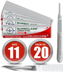 Surgical Scalpel Surgical Blades # 11 Carbon Steel Sterile Pack of 20 and Handle No 3 Perfect for Wood Art, Surgical, Sculpting, Repairs, Lab Anatomy, Sign, Card Making Lab Training SURGIRD11-20