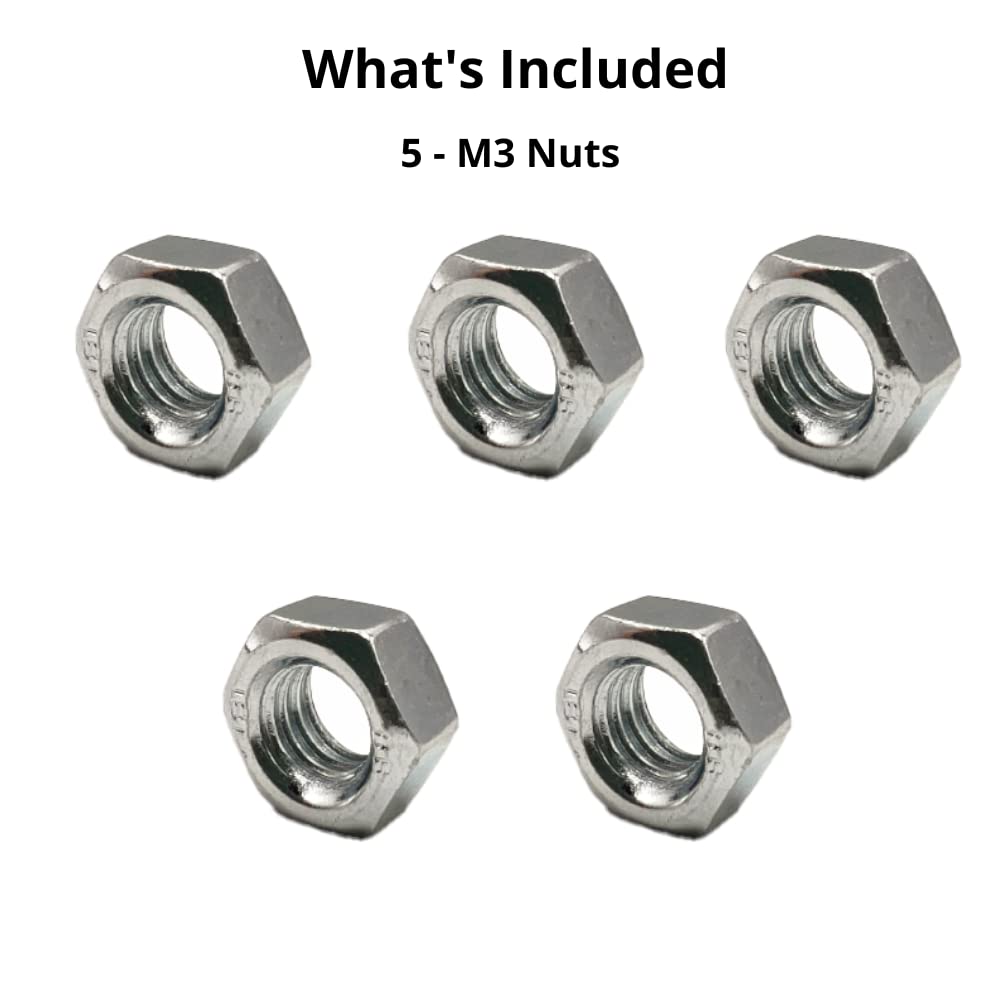 M3 (3mm) Steel Hex Nuts - Standard Thread - Pack of 5