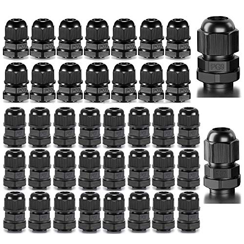 Gebildet 30pcs PG7 and 20pcs PG9 Cable Gland, Plastic IP68 Waterproof Adjustable 3-8mm Cable Gland Joint with Gaskets, M12 M16 Wire Connector, Wire Protector (Black)