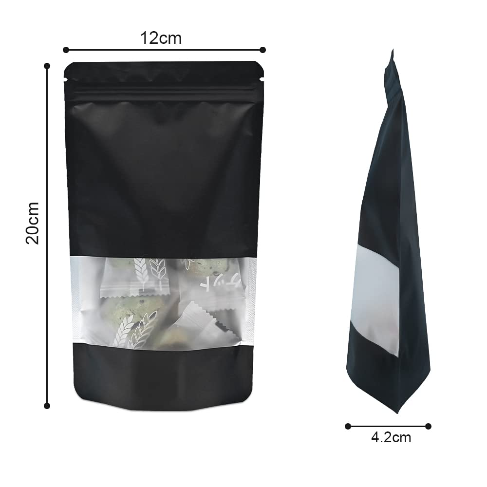 30pcs 12x20cm Black Stand up Mylar Ziplock Bags with Clear Window,Frosted Resealable Plastic Pouches for Food Storage Jewellery Sweets