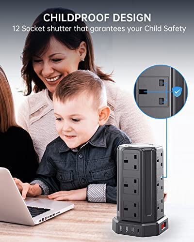 AODENG Tower Extension Lead with USB Slots 5M, 12 Way Outlets Multi Plug Extension Tower with 4 USB Slots (1 Type C & 3 USB Ports), Surge Protector Long Extension Lead tower for Home, Office, Kitchen