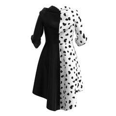 IDOPIP Cruella Deville Costume for Girls 101 Dalmatian Dog Halloween Cosplay Black White Spotted Coat Wig Cigarette Holder Movie Character Evil Fancy Dress up Carnival Party Outfits Coat 4-5 Years